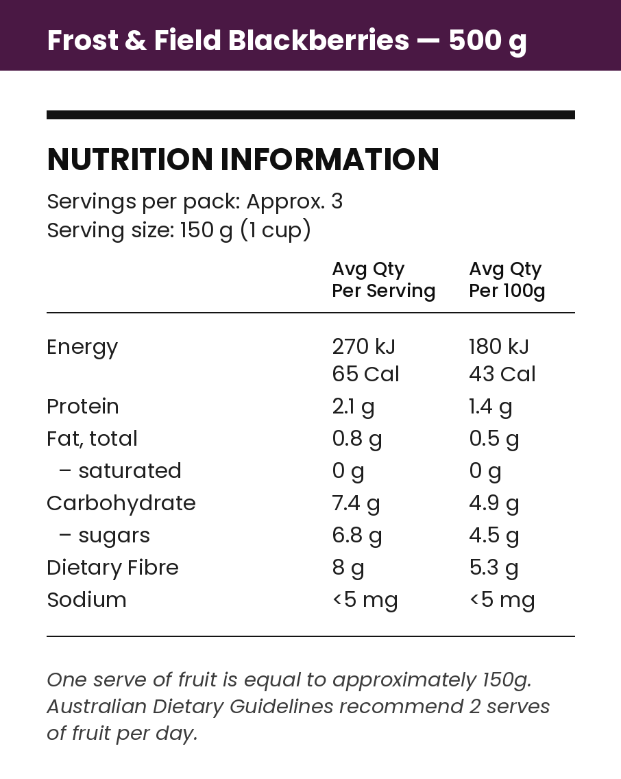 Nutrition information for Frost & Field Blackberries, 500g