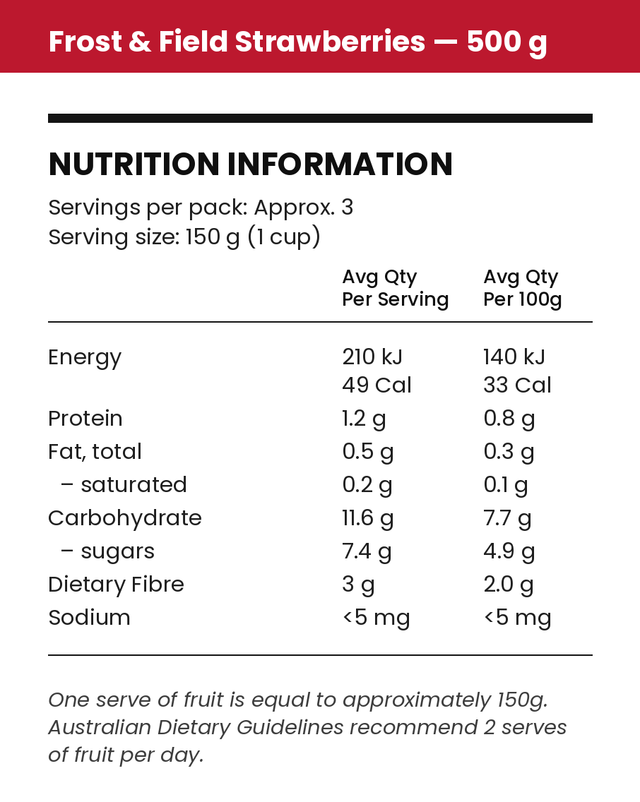 Nutrition information for Frost & Field Strawberries, 500g